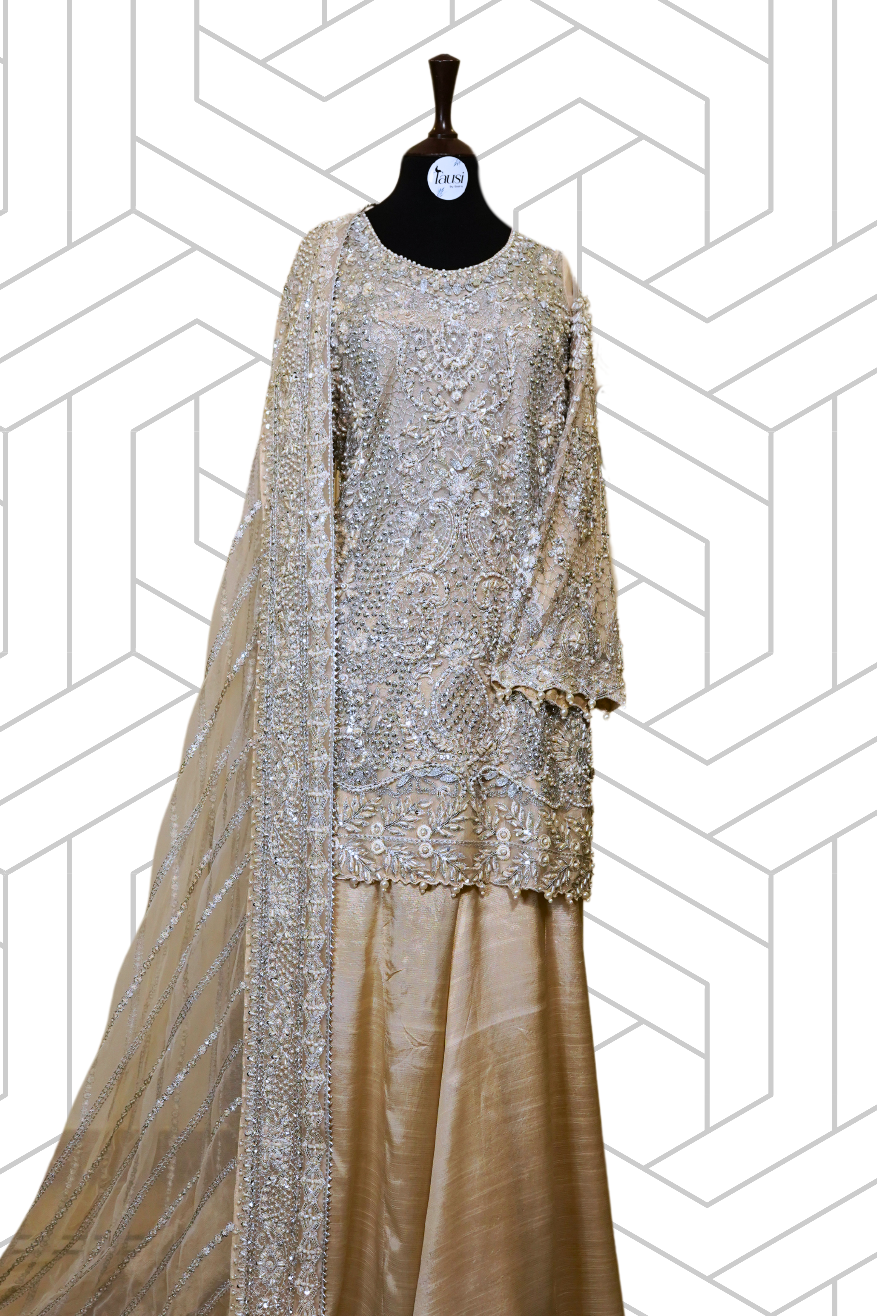 3-Piece Bridal Nikkah Suit – Pearls Embroidered Shirt on Bareeze Net with Embroidered Net Dupatta